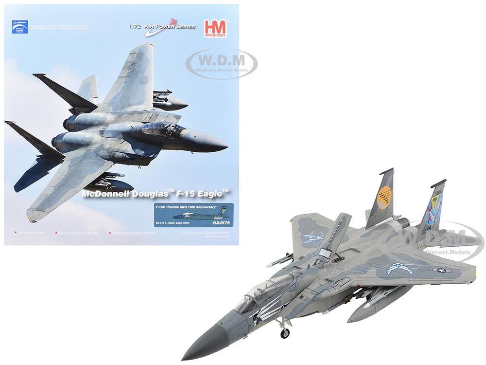 McDonnell Douglas F-15C Eagle Fighter Aircraft "86-0171, Florida ANG 75th Anniversary" (2022) United States Air Force "Air Power Series" 1/72 Diecast Model by Hobby Master diecast model