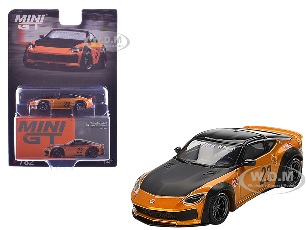Nissan Fairlady Z #23 "LB-NATION WORKS" LB Gold Metallic with Matt Black Hood and Black Top Limited Edition 1/64 Diecast Model Car by Mini GT diecast model