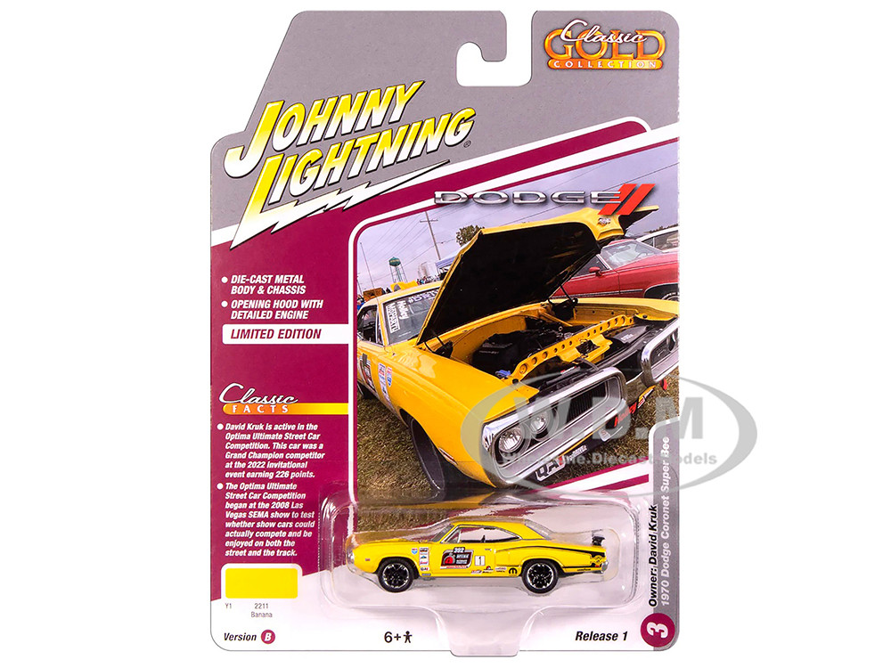 1970 Dodge Coronet Super Bee #1 "David Kruk" Banana Yellow with Black Stripes and Top "Classic Gold Collection" 1/64 Diecast Model Car by Johnny Lightning diecast model