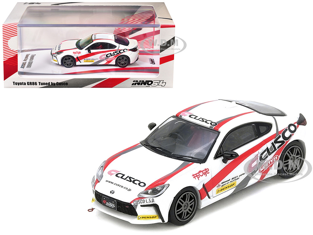 Toyota GR86 Tuned by "CUSCO" RHD (Right Hand Drive) White with Red and Gray Stripes 1/64 Diecast Model Car by Inno Models diecast model