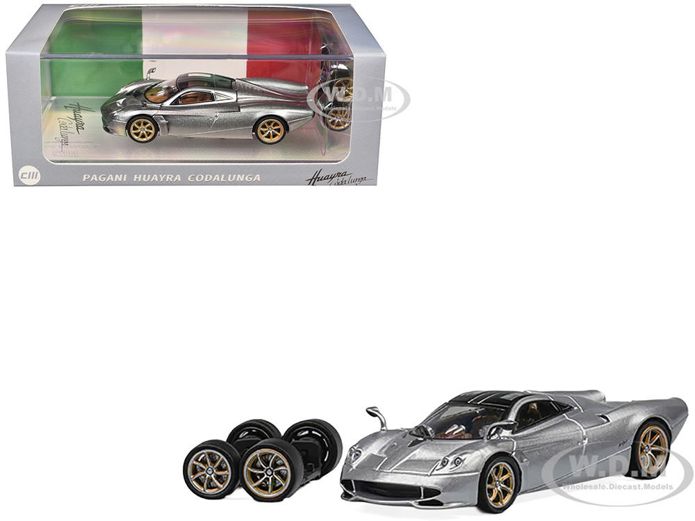 Pagani Huayra Codalunga Silver Metallic with Sunroof and Extra Wheels 1/64 Diecast Model Car by CM Model diecast model
