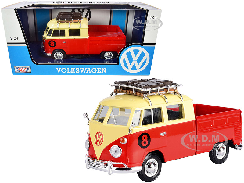 Volkswagen Type 2 (T1) #8 Pickup Truck with Roof Rack and Luggage Red and Yellow 1/24 Diecast Model Car by Motormax diecast model