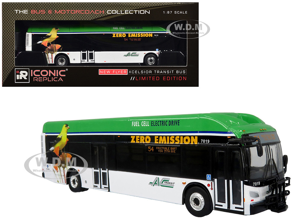 New Flyer Xcelsior XHE40 Transit Bus "AC Transit - Zero Emission" White and Green with Graphics "The Bus & Motorcoach Collection" Limited Edition 1/87 (HO) Diecast Model by Iconic Replicas diecast model