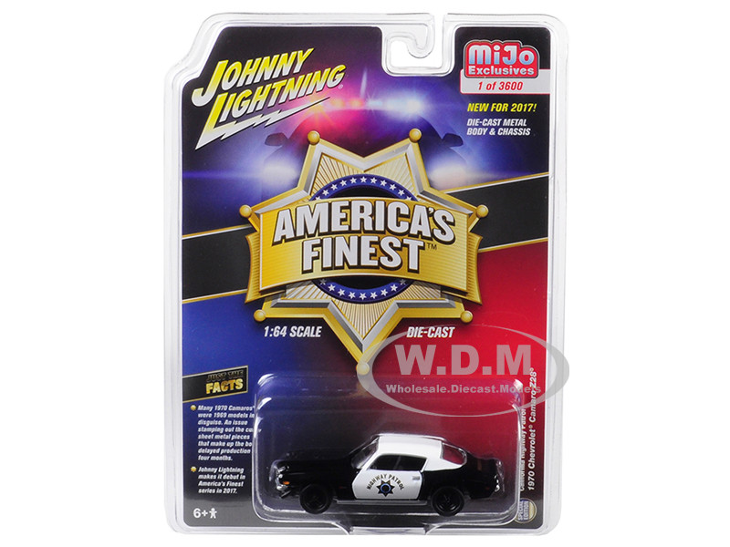 1970 Chevrolet Camaro Z28 California Highway Patrol (CHP) Black and White "America's Finest" Limited Edition to 3,600 pieces Worldwide 1/64 Diecast Model Car by Johnny Lightning diecast model