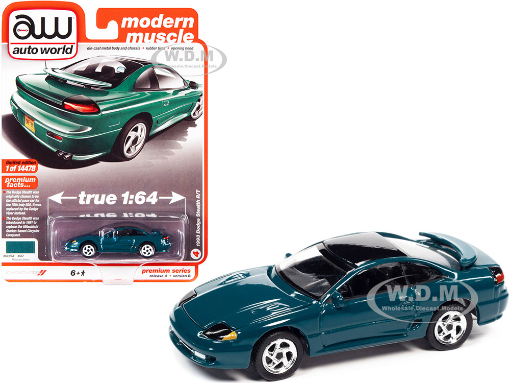 1993 Dodge Stealth R/T Peacock Green with Black Top "Modern Muscle" Limited Edition to 14478 pieces Worldwide 1/64 Diecast Model Car by Auto World diecast model