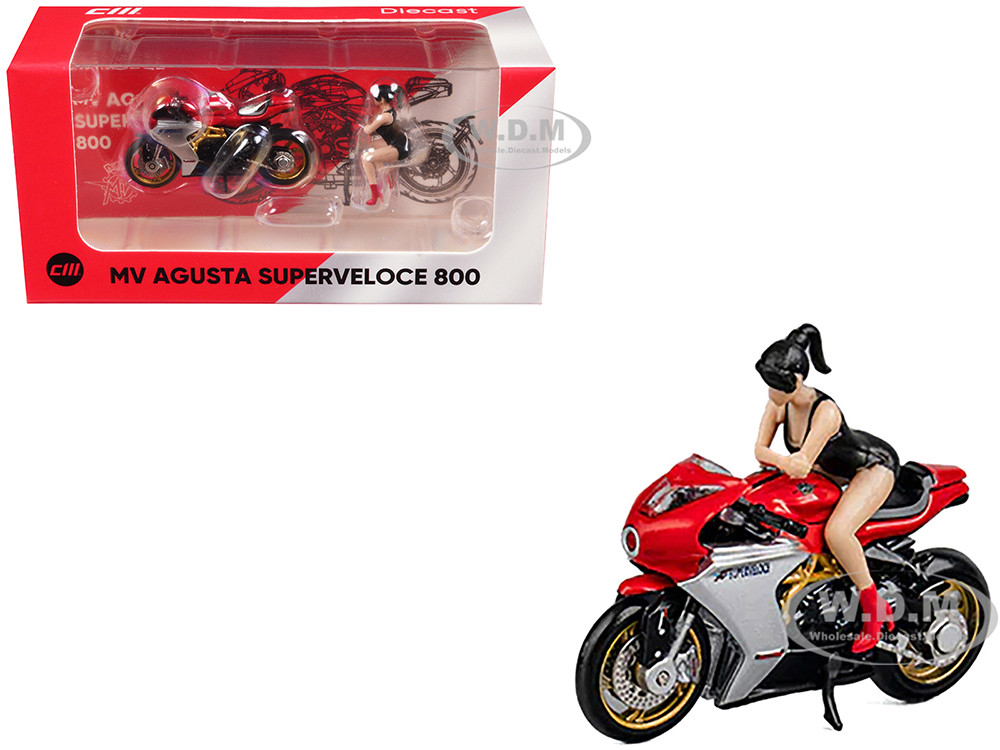MV Agusta Superveloce 800 Motorcycle Red and Silver with Figure 1/64 Diecast Model by CM Model diecast model