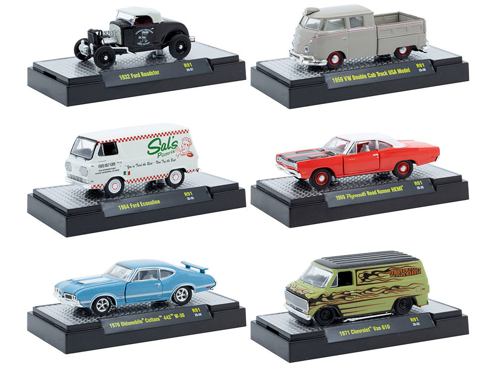 "Auto Meets" Set of 6 Cars IN DISPLAY CASES Release 91 Limited Edition 1/64 Diecast Model Cars by M2 Machines diecast model