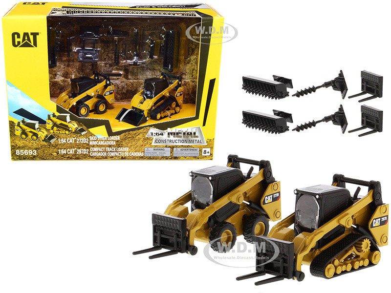 Set of 2 pieces CAT Caterpillar 272D2 Skid Steer Loader and CAT Caterpillar 297D2 Compact Track Loader with Accessories 1/64 Diecast Models by Diecast Masters diecast model