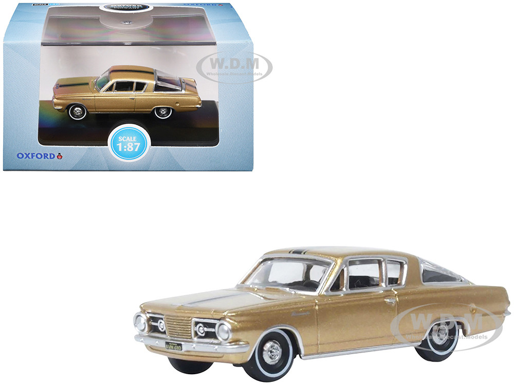 1965 Plymouth Barracuda Gold Metallic with Black Stripes 1/87 (HO) Scale Diecast Model Car by Oxford Diecast diecast model
