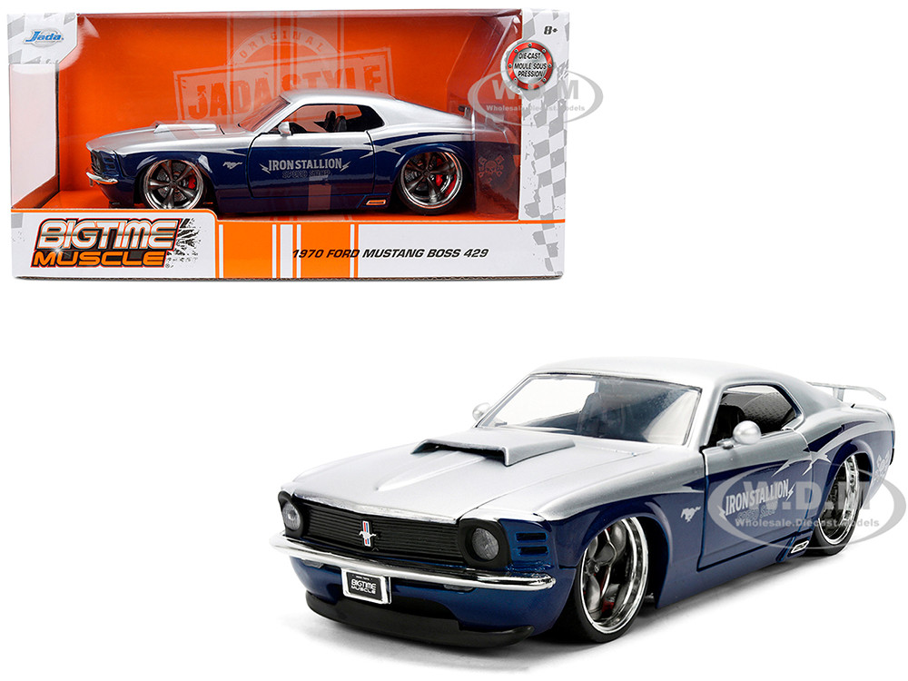 1970 Ford Mustang Boss 429 "Iron Stallion Speed Shop" Silver and Dark Blue Metallic "Bigtime Muscle" Series 1/24 Diecast Model Car by Jada diecast model