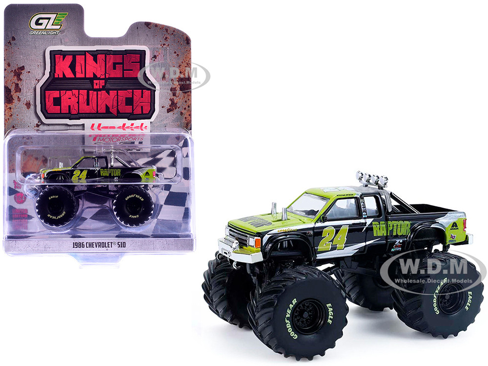 1986 Chevrolet S10 Monster Truck #24 "Raptor" Black and Green with Graphics "Kings of Crunch - Hendrick Motorsports Tribute" Special Edition 1/64 Diecast Model Car by Greenlight diecast model