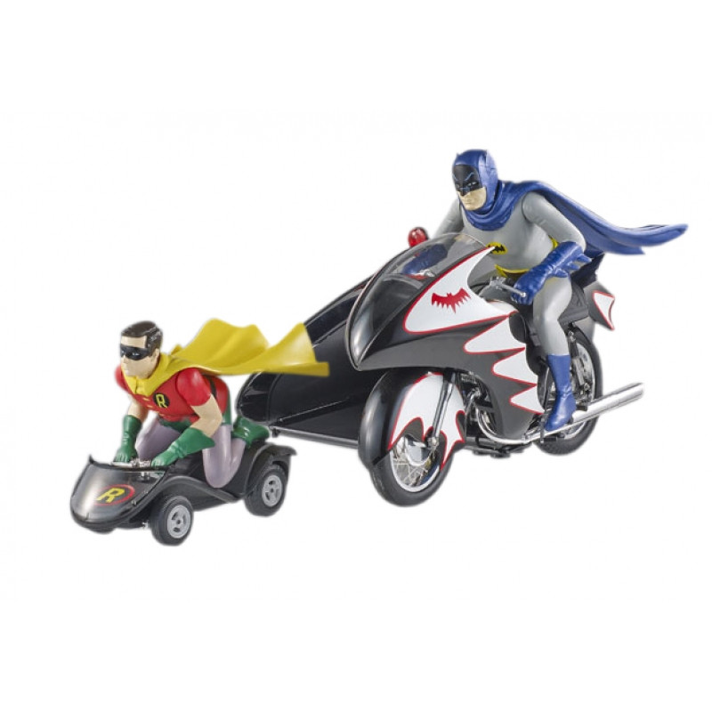 1966 Batcycle Elite Edition and Side Car with Batman and Robin Figures 1/12 Diecast Model by Hot Wheels diecast model
