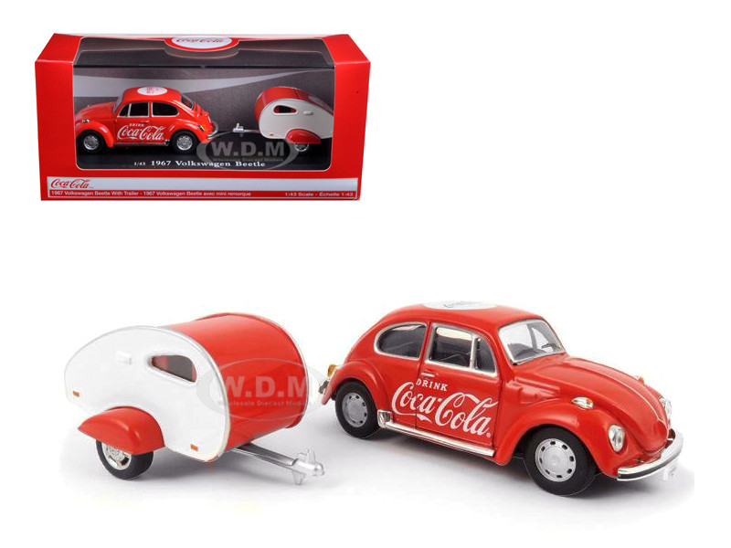 1967 Volkswagen Beetle Red with Teardrop Travel Trailer Red and White "Coca-Cola" 1/43 Diecast Model Car by Motor City Classics diecast model