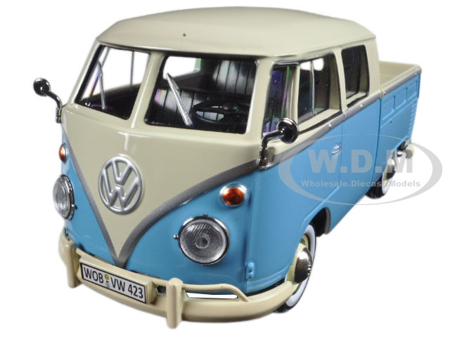 Volkswagen Type 2 (T1) Double Cab Pickup Truck Light Blue and Cream 1/24 Diecast Model Car by Motormax diecast model