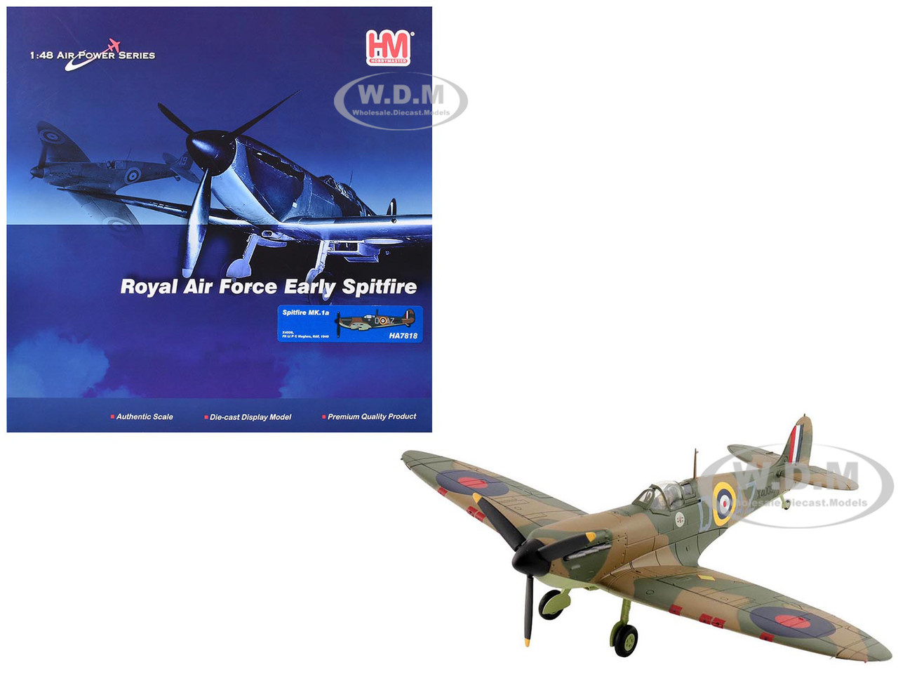 Supermarine Spitfire Mk.1a Fighter Aircraft "X4009, Flight Lieutenant P.C. Hughes" (1940) British Royal Air Force "Air Power Series" 1/48 Diecast Model by Hobby Master diecast model