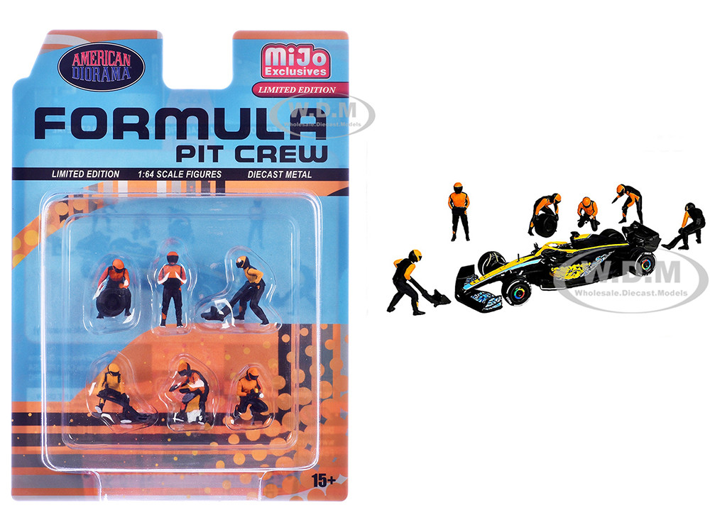 "Formula Pit Crew  Team Orange" 6 piece Diecast Figure Set (6 Figures) Limited Edition for 1/64 Scale Models by American Diorama diecast model