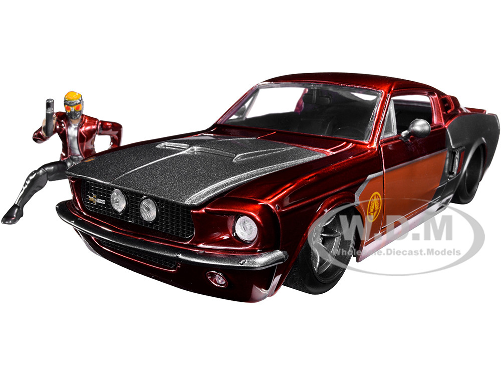 1967 Ford Mustang Shelby GT-500 Red Metallic and Gray Metallic with Star-Lord Diecast Figurine "Guardians of the Galaxy" "Marvel" Series 1/24 Diecast Model Car by Jada diecast model