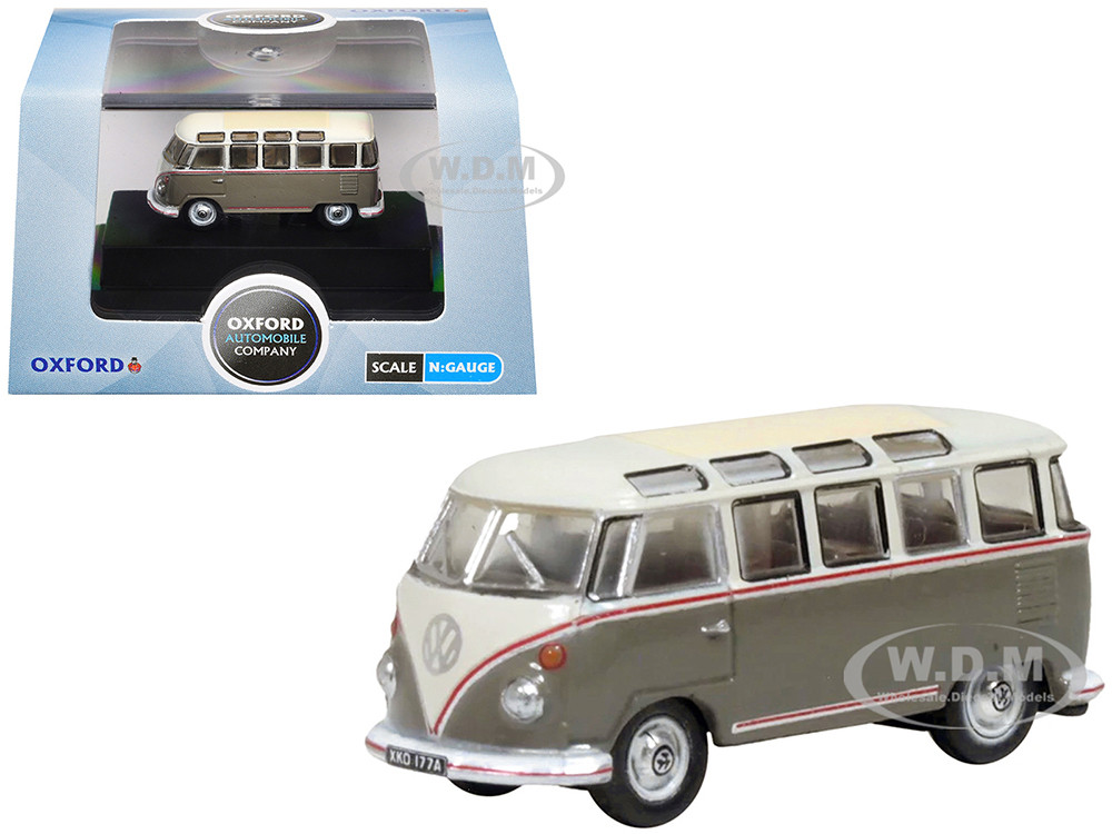 Volkswagen T1 Samba Bus Mouse Grey and Pearl White with Red Stripes 1/148 (N) Scale Diecast Model Car by Oxford Diecast diecast model