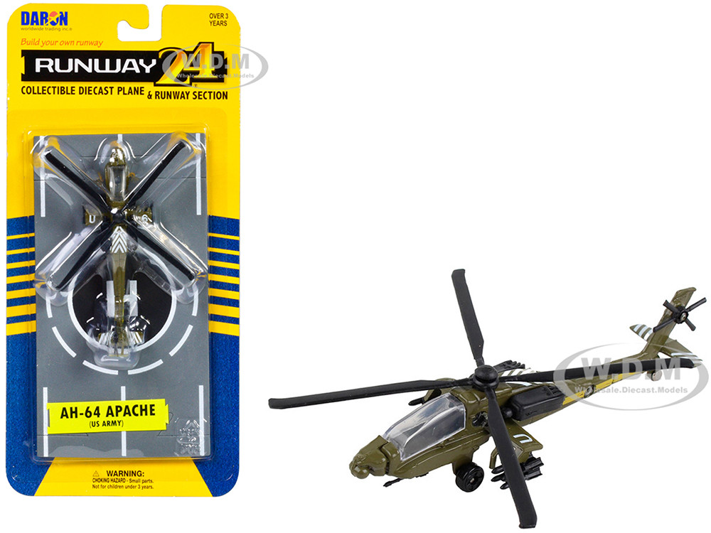 Boeing AH-64 Apache Helicopter Olive Drab "United States Army" with Runway Section Diecast Model by Runway24 diecast model