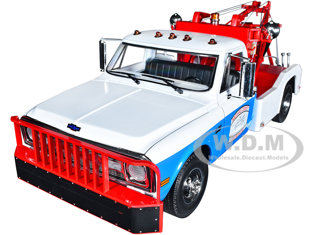 1969 Chevrolet C-30 Dually Wrecker Tow Truck White and Blue "Hazzard County Garage" 1/18 Diecast Model Car by Greenlight diecast model