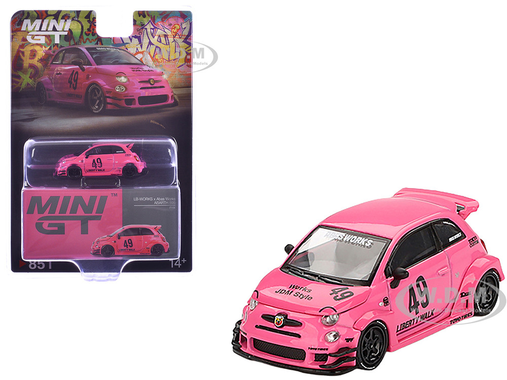 ABARTH 595 #49 "LB-Works x Abas Works" Pink Limited Edition 1/64 Diecast Model Car by Mini GT diecast model