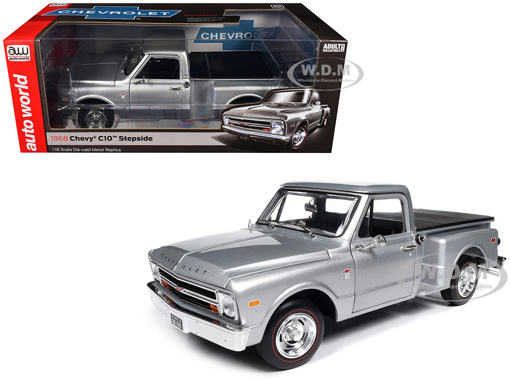 1968 Chevrolet C10 Stepside Pickup Truck Silver Metallic 1/18 Diecast Model Car by Auto World diecast model