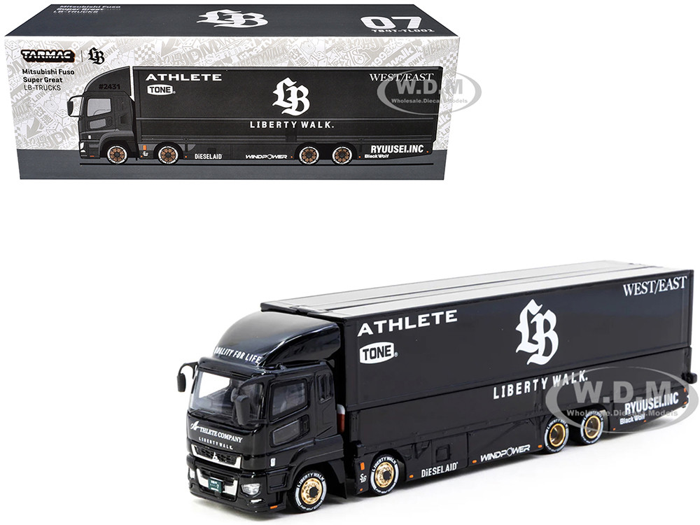 Mitsubishi Fuso Super Great Truck RHD (Right Hand Drive) with Transporter "Liberty Walk" Black "Truck64" Series 1/64 Diecast Model Car by Tarmac Works diecast model