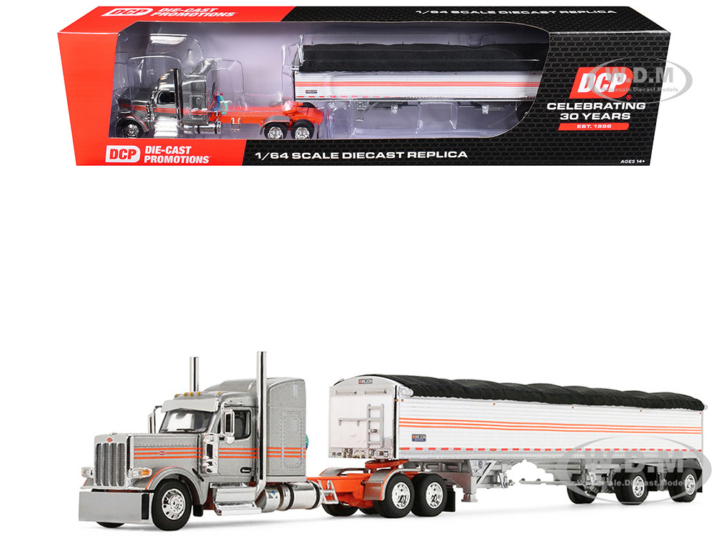 Peterbilt 589 with 58" Mid-Roof Sleeper and 50' Wilson Pacesetter Grain Trailer Silver Metallic with Orange Stripes 1/64 Diecast Model by DCP/First Gear diecast model