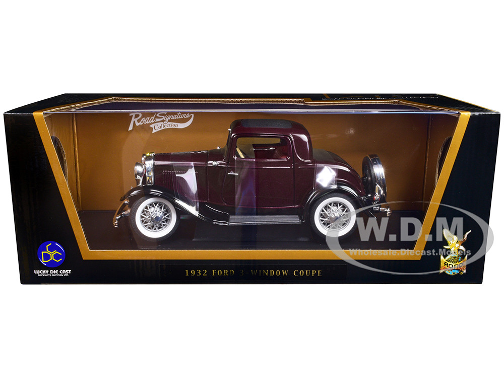 1932 Ford 3-Window Coupe Burgundy with Black Top 1/18 Diecast Model Car by Road Signature diecast model