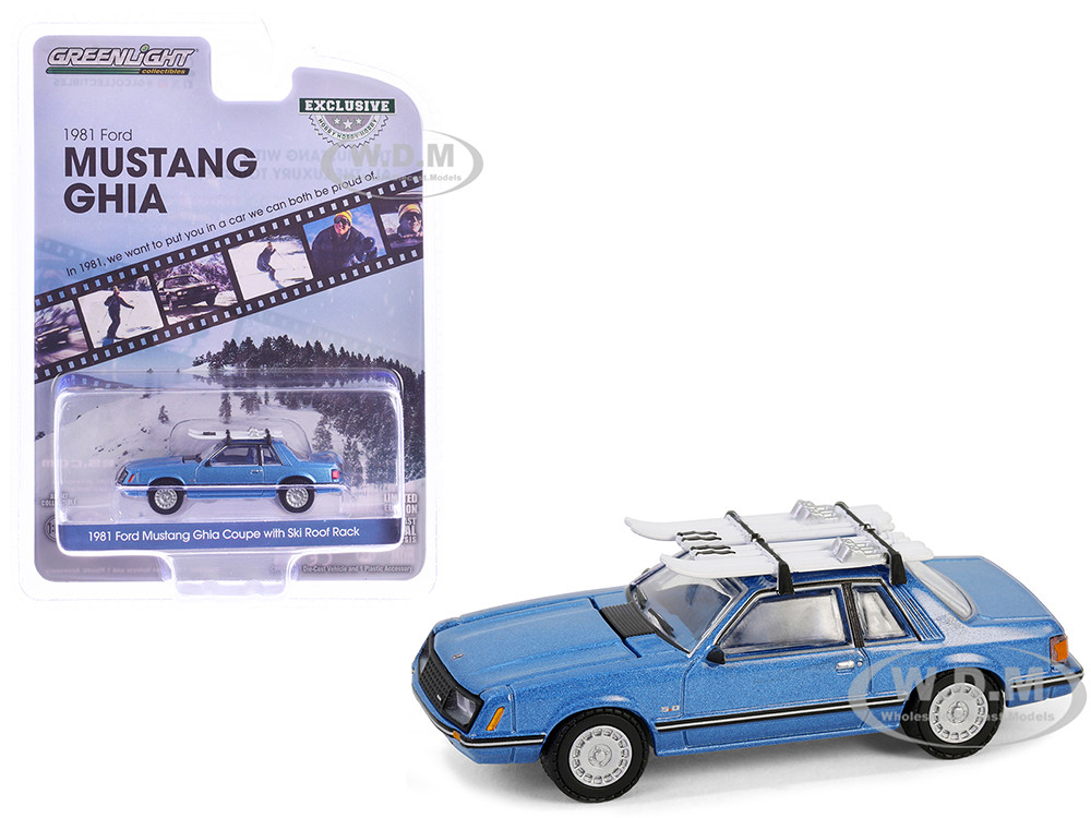 1981 Ford Mustang Ghia Coupe Blue Glow Metallic with Ski Roof Rack "Hobby Exclusive" Series 1/64 Diecast Model Car by Greenlight diecast model