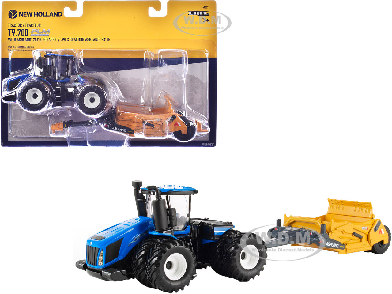 New Holland T9.700 Tractor Blue with Ashland 2811E Scraper Yellow 1/64 Diecast Model by ERTL TOMY diecast model
