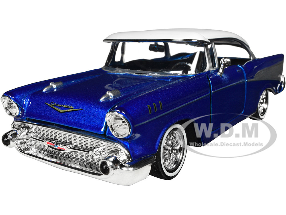 1957 Chevrolet Bel Air Lowrider Candy Blue with White Top "Get Low" Series 1/24 Diecast Model Car by Motormax diecast model