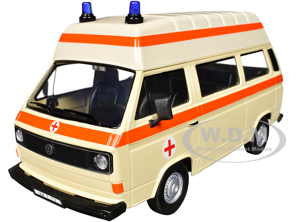 Volkswagen Type 2 (T3) High Roof Ambulance Cream with Orange Stripes 1/24 Diecast Model Car by Motormax diecast model
