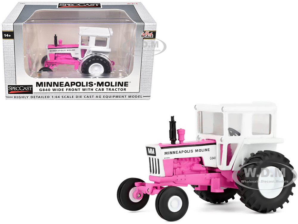 Minneapolis Moline G840 Wide Front Tractor with Cab Hot Pink and White 1/64 Diecast Model by SpecCast diecast model