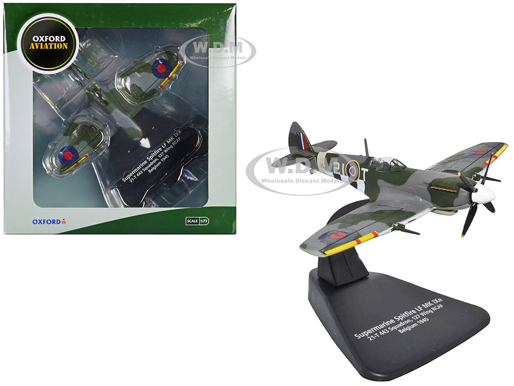 Supermarine Spitfire Mk IXE Fighter Aircraft "21-T 443 Squadron, 127 Wing, Belgium" (1945) Royal Canadian Air Force "Oxford Aviation" Series 1/72 Diecast Model Airplane by Oxford Diecast diecast model