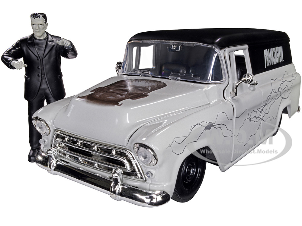 1957 Chevrolet Suburban Gray and Black with Graphics and Frankenstein Diecast Figurine "Universal Monsters" "Hollywood Rides" Series 1/24 Diecast Model Car by Jada diecast model