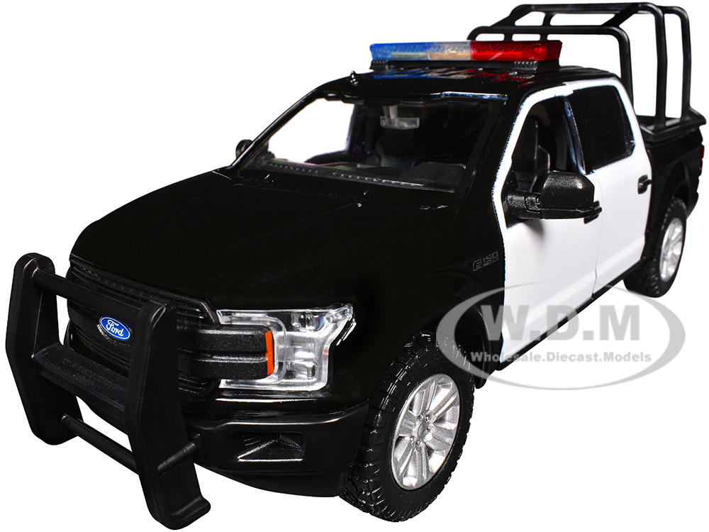 2019 Ford F-150 Lariat Crew Cab Pickup Truck with Bed Cage Black and White with Flashing Light Bar and Front and Rear Lights and Sounds 1/27 Diecast Model Car by Motormax diecast model