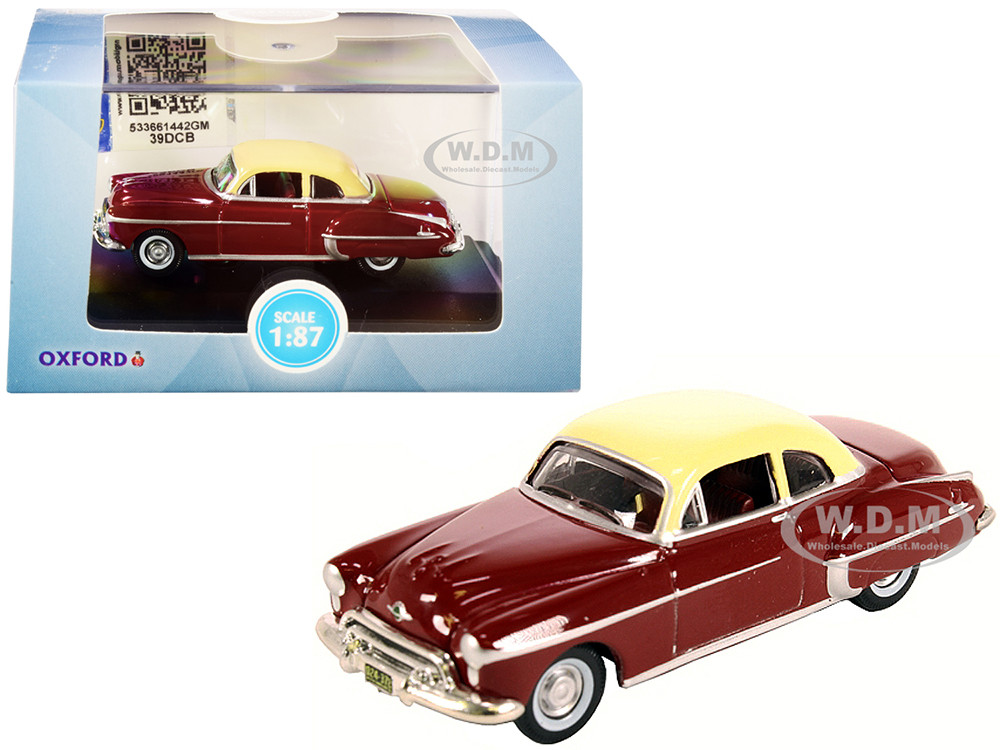 1950 Oldsmobile Rocket 88 Coupe Chariot Red with Canto Cream Top 1/87 (HO) Scale Diecast Model Car by Oxford Diecast diecast model