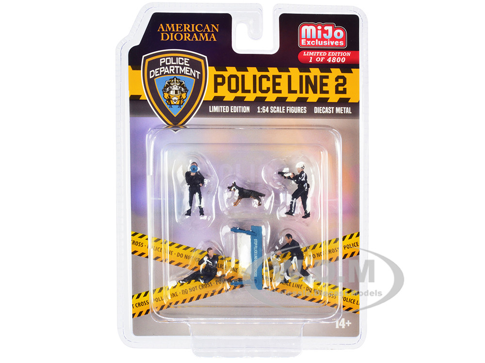 "Police Line 2" 6 piece Diecast Set (4 Police Figures, 1 Dog Figure and 1 Accessory) Limited Edition to 4800 pieces Worldwide for 1/64 Scale Models by American Diorama diecast model