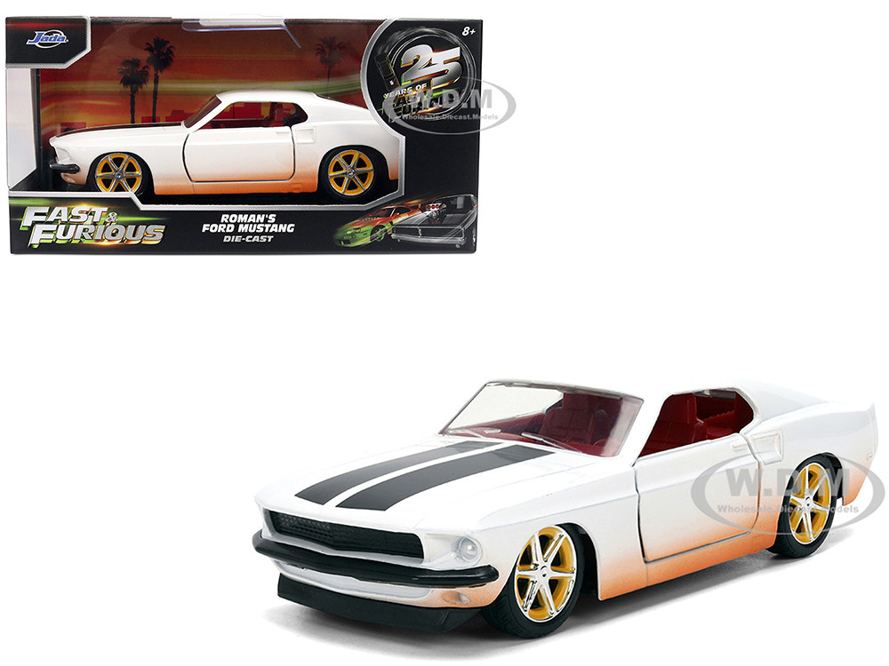 Roman's Ford Mustang White with Black Stripes and Red Interior (Dirty Version) "Fast & Furious" Movie "Fast & Furious 25th Anniversary" Series 1/32 Diecast Model Car by Jada diecast model