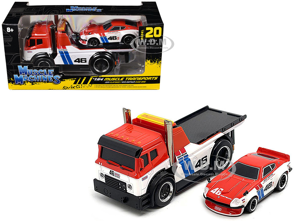 JDM Flatbed Truck #46 Red and White with Blue Stripes and 1972 Datsun 240Z #46 Red and White with Blue Stripes "BRE" "Muscle Transports" Series 1/64 Diecast Models by Muscle Machines diecast model
