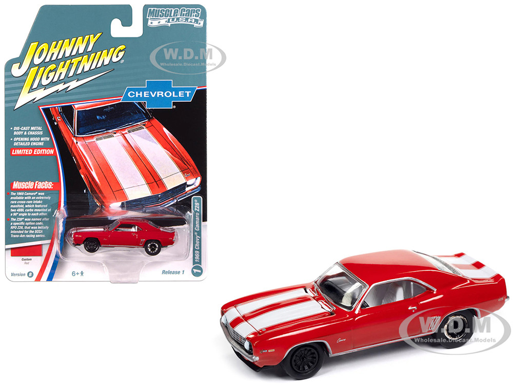 1969 Chevrolet Camaro Z28 Red with White Stripes and Interior "Muscle Cars USA" Series 1/64 Diecast Model Car by Johnny Lightning diecast model