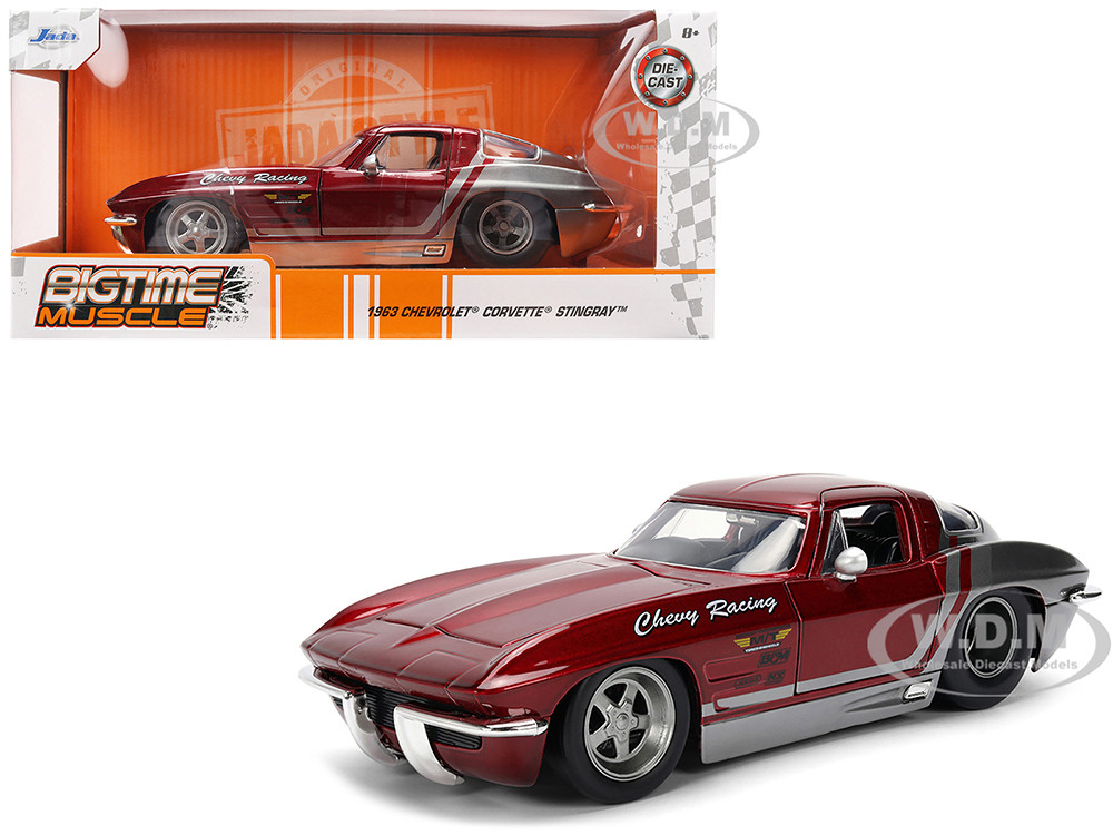 1963 Chevrolet Corvette Stingray "Chevy Racing" Red Metallic and Gray "Bigtime Muscle" Series 1/24 Diecast Model Car by Jada diecast model