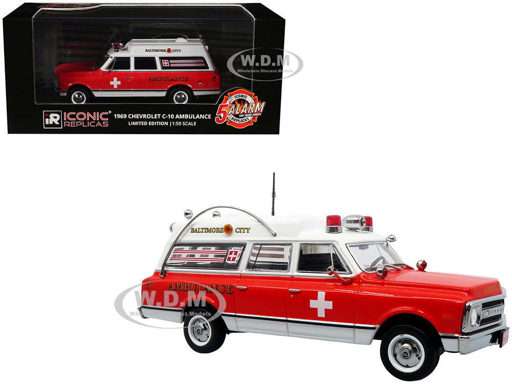 1969 Chevrolet C-10 Ambulance "Baltimore City Fire Department" White and Red "5 Alarm" Series Limited Edition 1/50 Diecast Model by Iconic Replicas diecast model