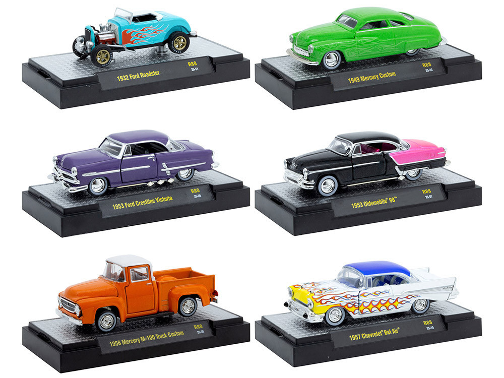 "Auto Meets" Set of 6 Cars IN DISPLAY CASES Release 88 Limited Edition 1/64 Diecast Model Cars by M2 Machines diecast model