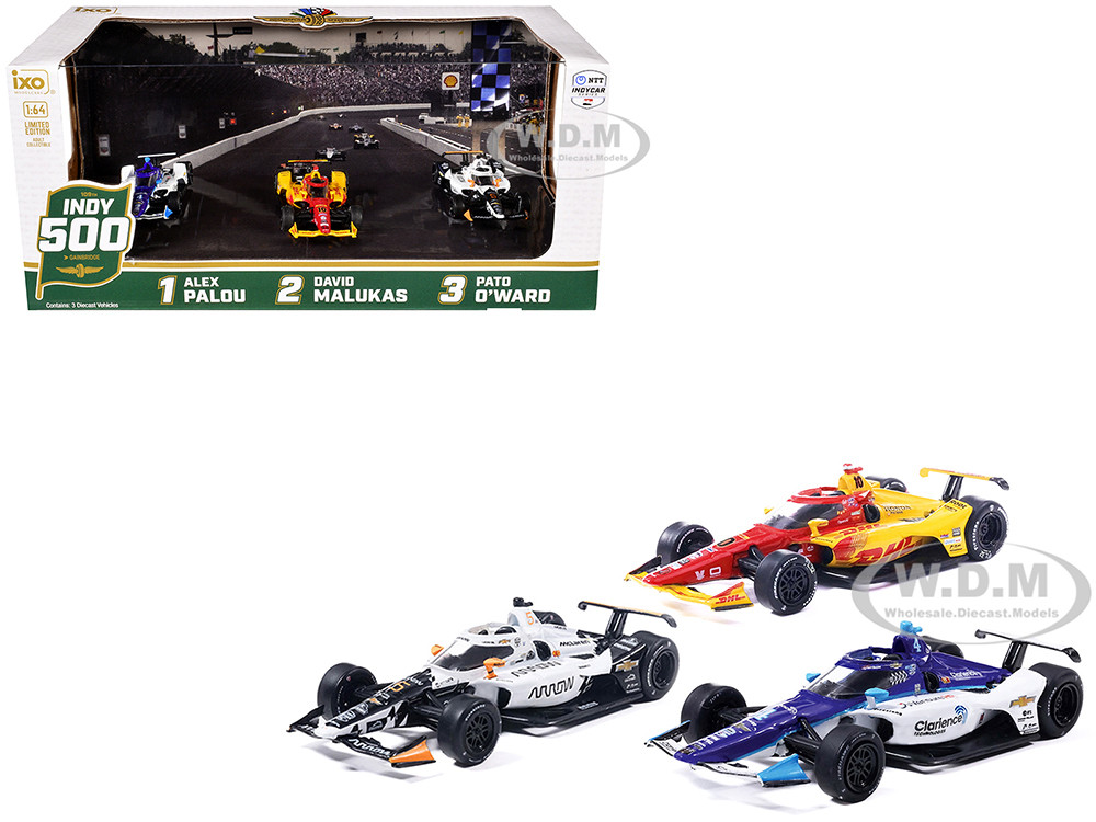 "109th Indianapolis 500" (2025) Podium Set of 3 IndyCars 1/64 Diecast Model Cars by IXO Models diecast model