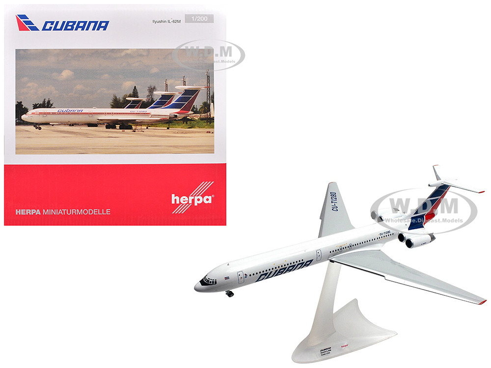 Ilyushin IL-62M Commercial Aircraft "Cubana de Aviacion" (T1280) White with Blue and Red Tail 1/200 Diecast Model Airplane by Herpa diecast model