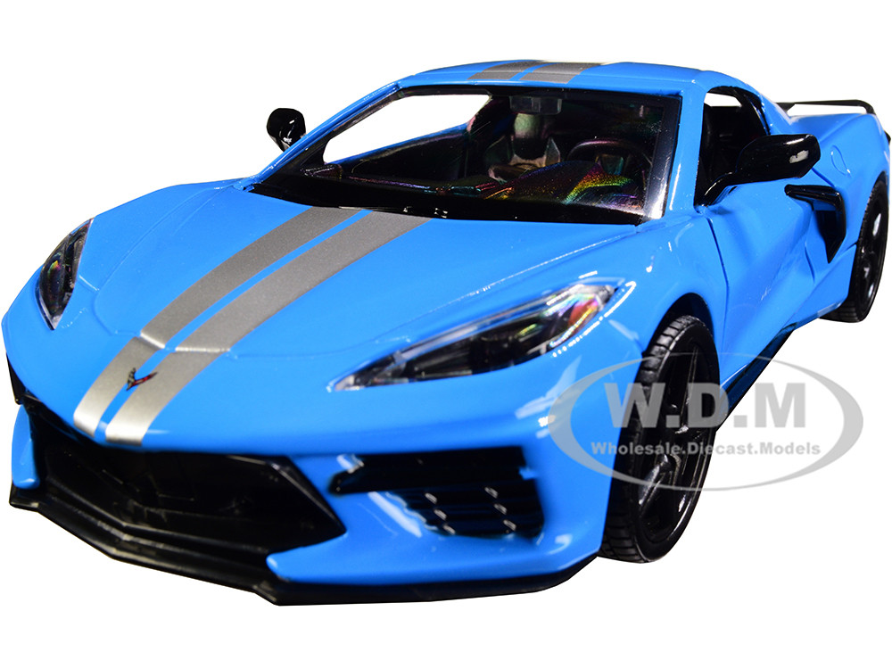 2020 Chevrolet Corvette C8 Stingray Blue with Silver Racing Stripes "Timeless Legends" 1/24 Diecast Model Car by Motormax diecast model