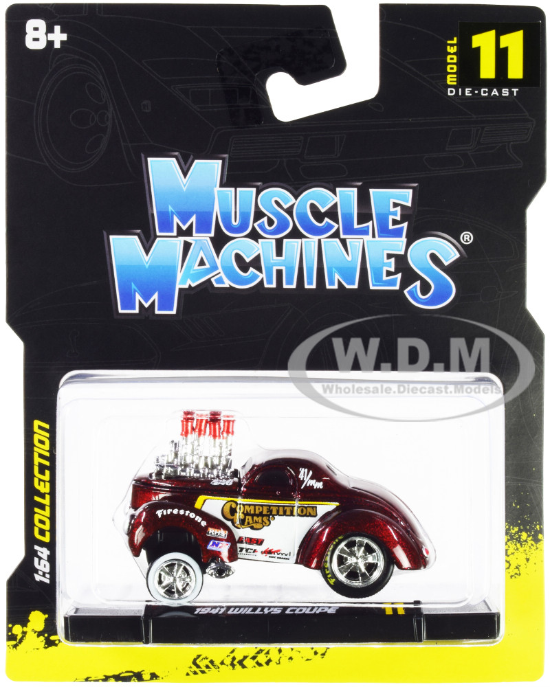 1941 Willys Coupe Gasser "Competition Cams" Red Metallic and White 1/64 Diecast Model Car by Muscle Machines diecast model