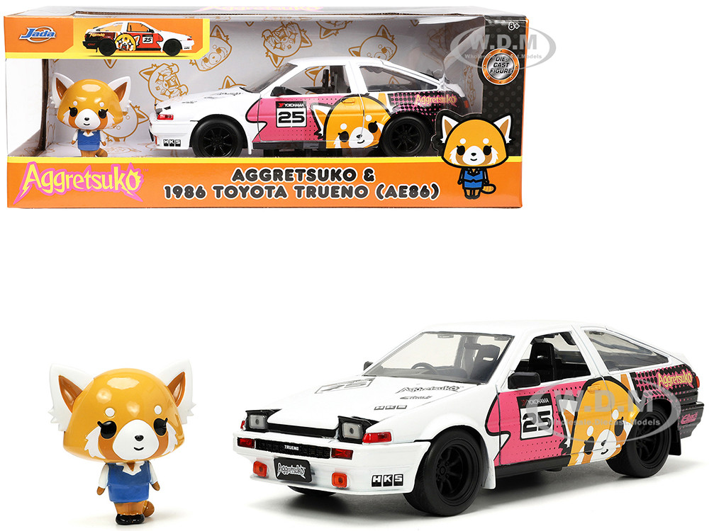 1986 Toyota Trueno (AE86) RHD (Right Hand Drive) #25 White with Graphics and Aggretsuko Diecast Figure "Aggretsuko" "Anime Hollywood Rides" Series 1/24 Diecast Model Car by Jada diecast model